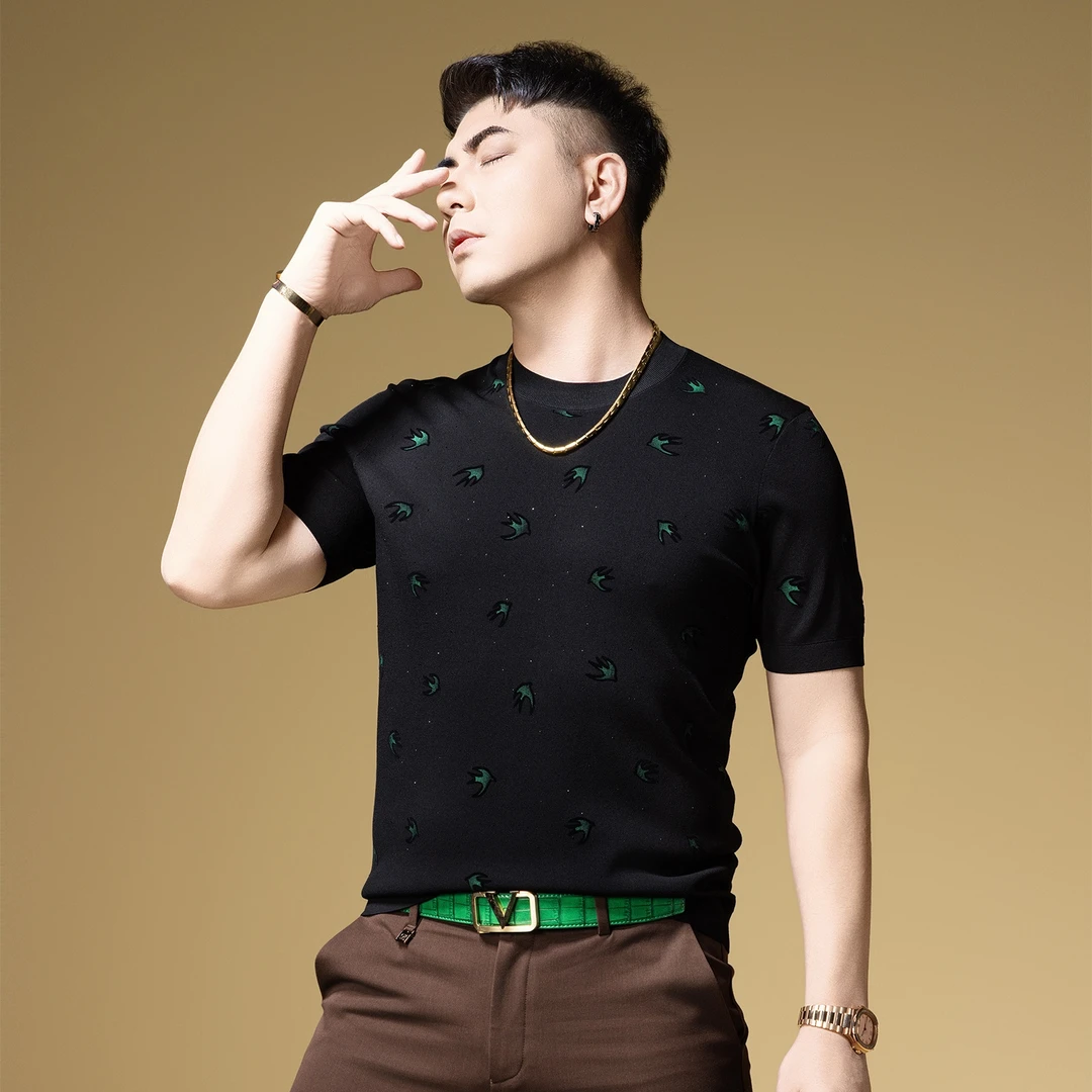 NDSL轻奢高端男士针织短袖新款潮流燕子提花烫钻圆领修身上衣夏