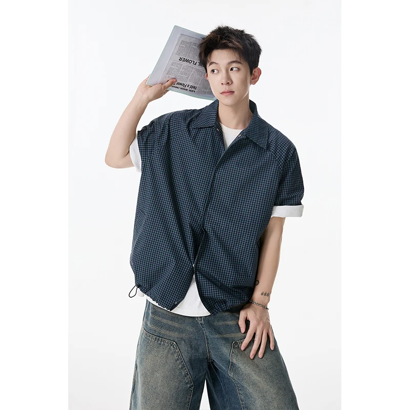 美式复古格纹抽绳短袖衬衫男夏季轻薄速干工装防晒服宽松衬衣外套