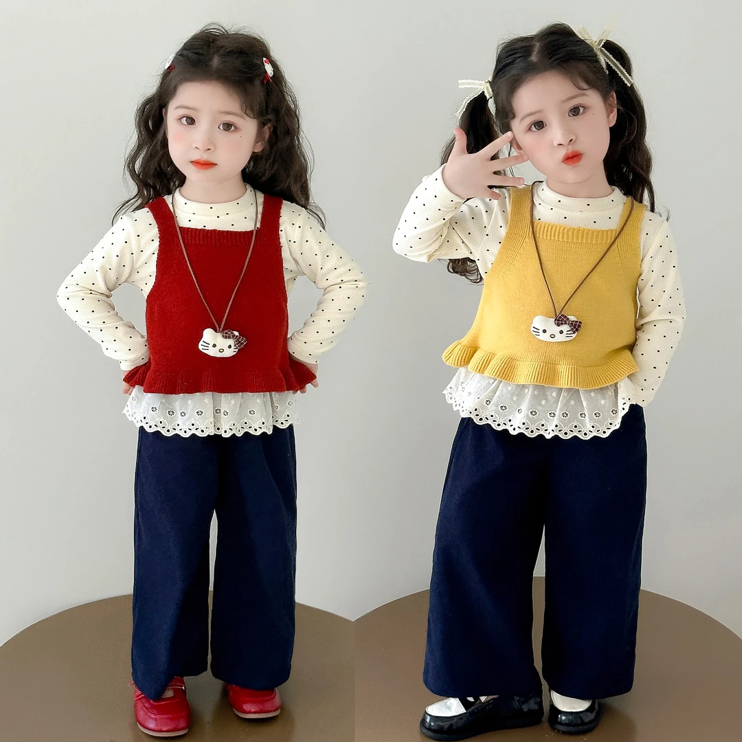 女童花边套洋气儿童春秋季新款女宝宝甜美吊带背心三件套小女孩潮