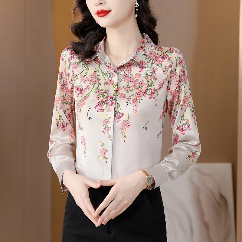 春季时尚长袖印花气质缎面百搭洋气中年长袖衬衫碎花洋气显瘦上衣