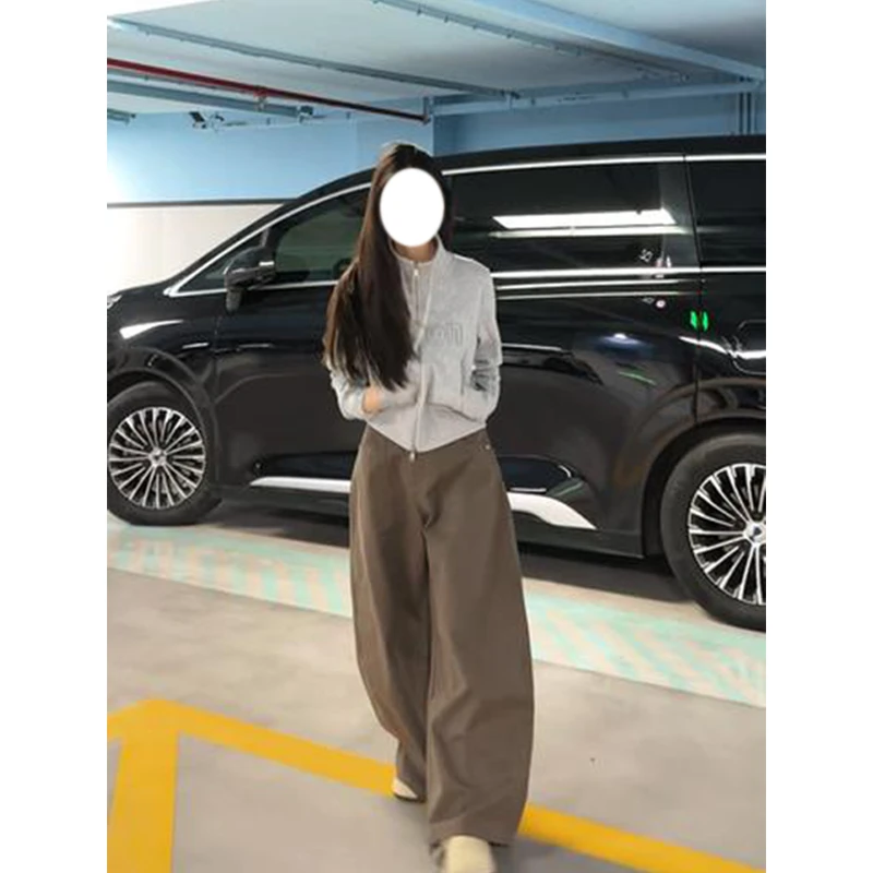 MARIE.COCO灰色字母刺绣立领双拉链长袖卫衣女秋季洋气阔腿裤套装
