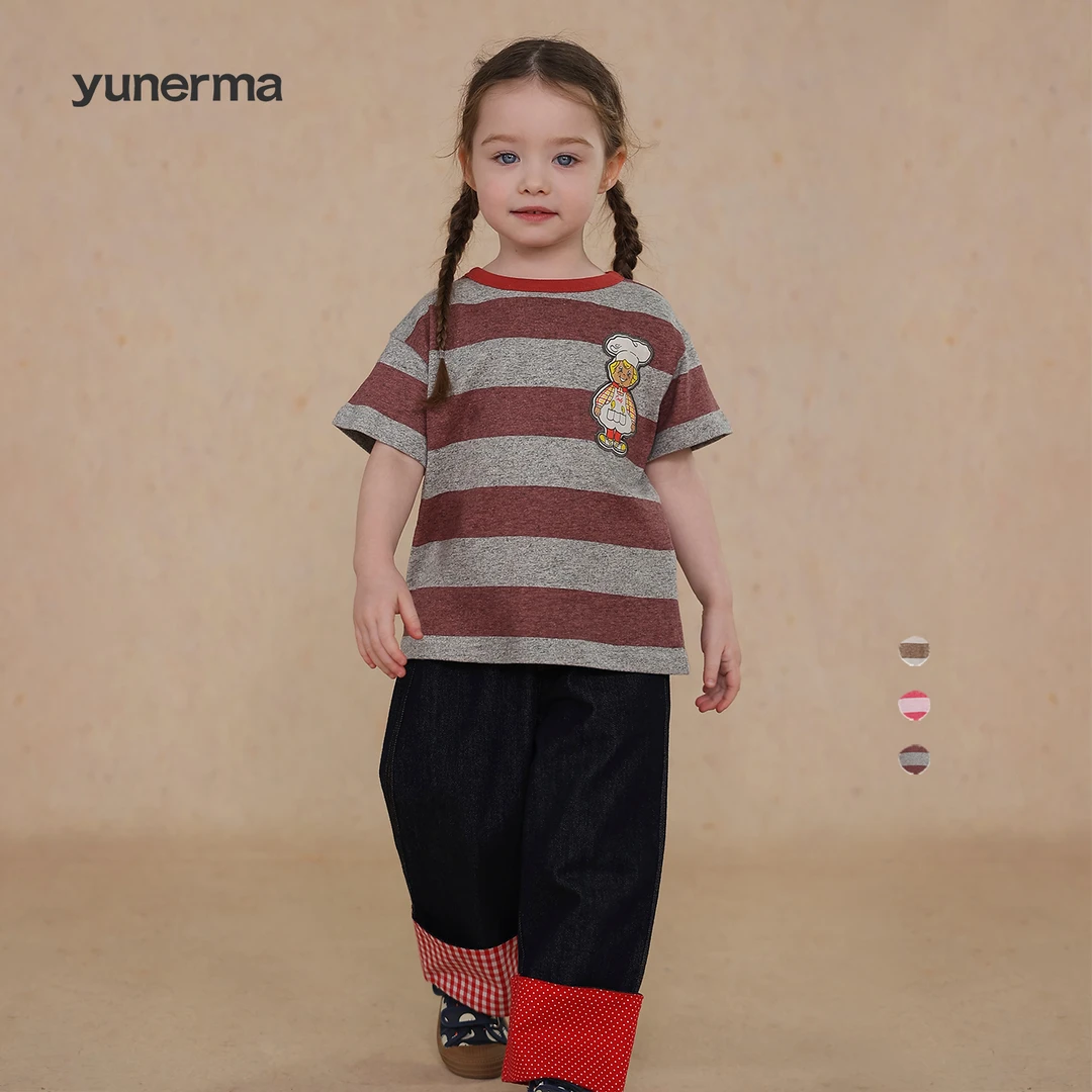 允儿妈女童夏季新款日系立体条纹短袖宝宝纯棉T恤 儿童洋气上衣潮
