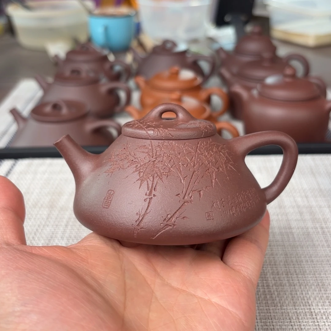 紫砂茶壶半手工老紫泥刻绘子冶石瓢壶150cc