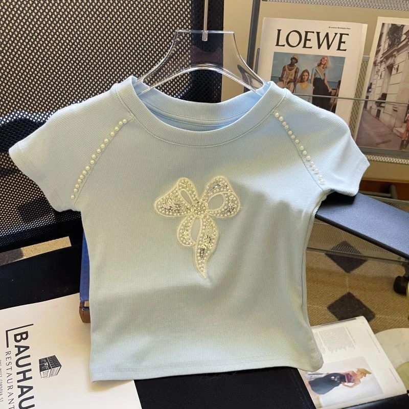 甜辣小个子钉珠刺绣蝴蝶结短袖t恤女夏季设计感短款收腰显瘦上衣