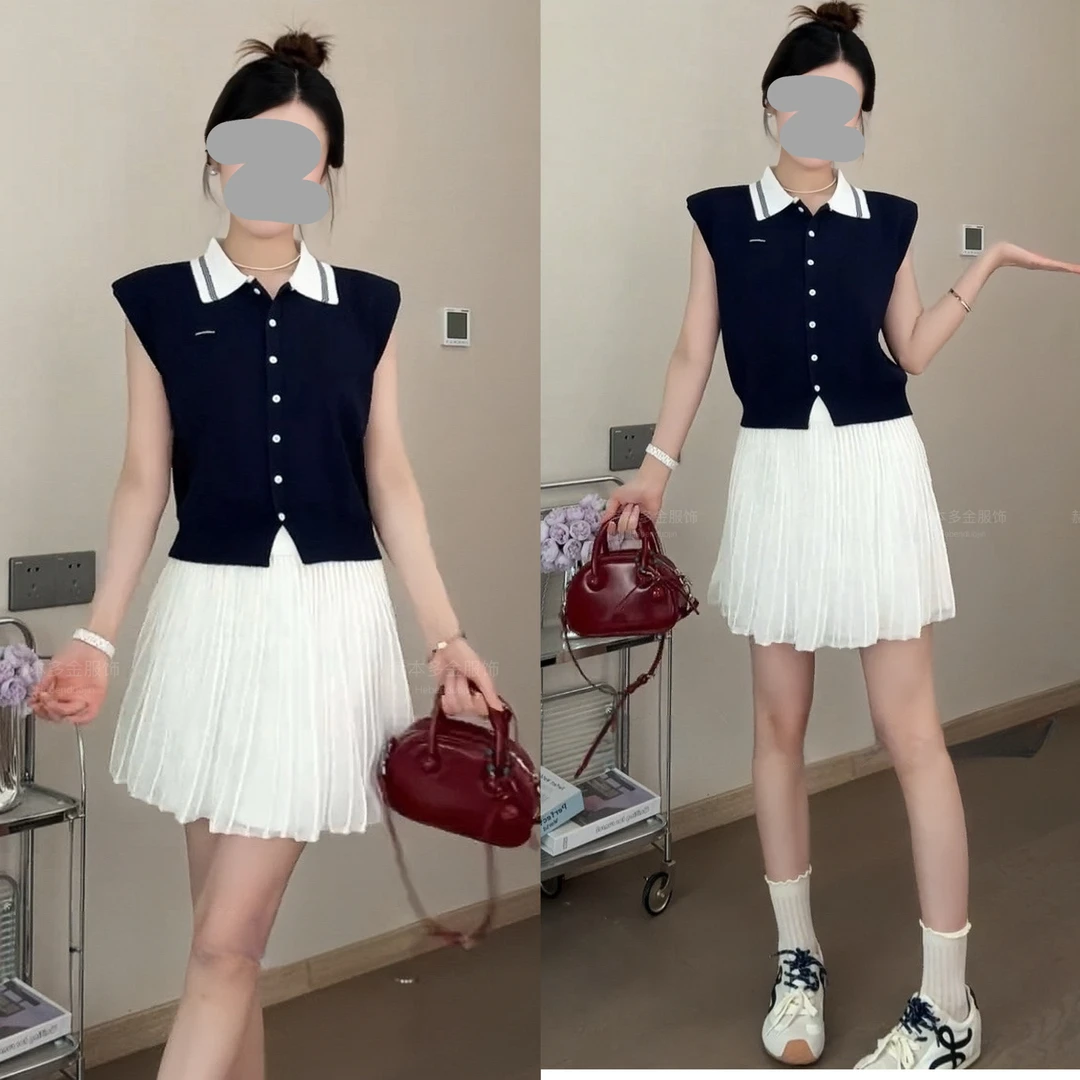 2025夏季新款无袖POLO领针织衫上衣套装纯欲显瘦半身裙潮流衣服女