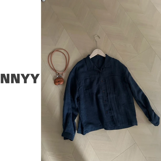 阿虞 藏青色天丝麻衬衫6961