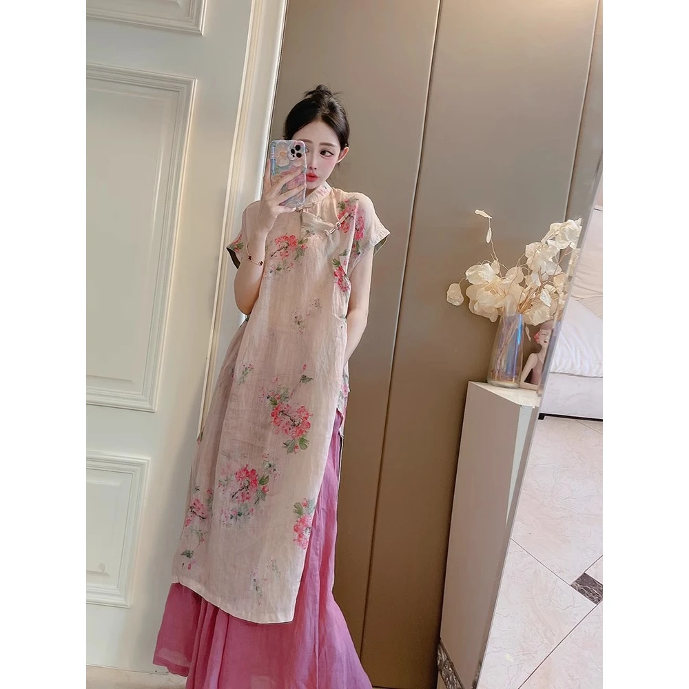 清冷风盘扣斜门襟棉麻女中长款连衣裙夏季时尚文艺茶服侧开叉袍子