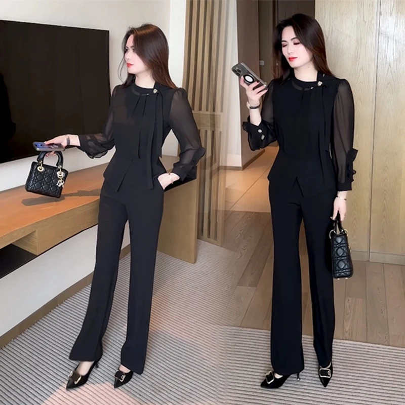 春季新款新中式盘扣穿搭洋气时尚气质休闲减龄套装显瘦黑色2025