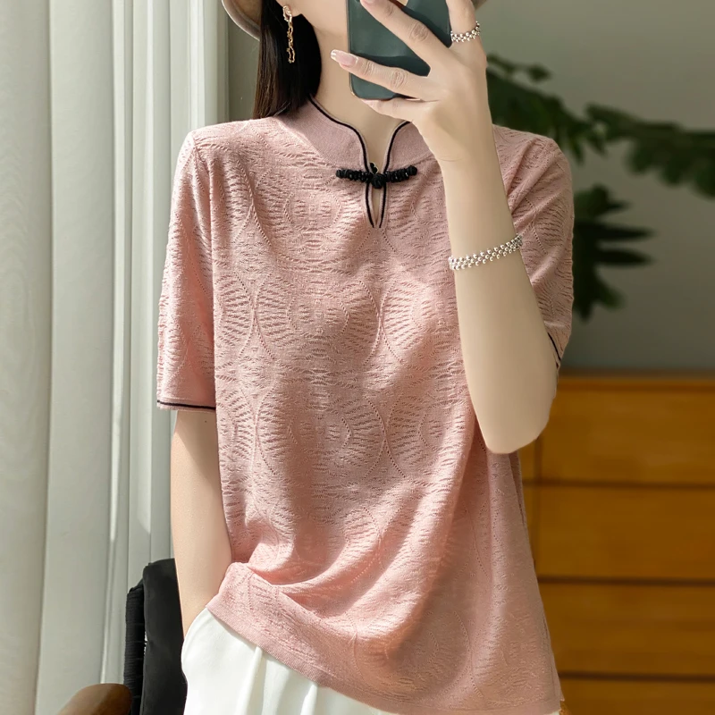 太美了!国风旗袍领提花针织设计感奢柔短中式时尚毛针织衫短袖