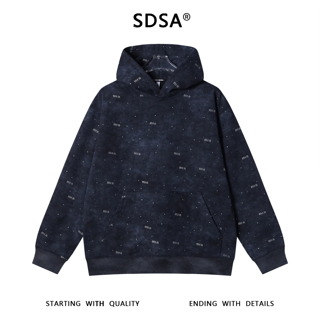SDSA男士秋冬新款痞帅男装潮牌美式扎染滴胶字母连帽卫衣百搭情侣