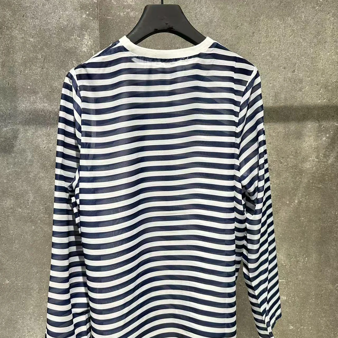 【Ann.G】B50303 夏季薄款极简微露小香肩薄透层次感叠穿条纹小上衣