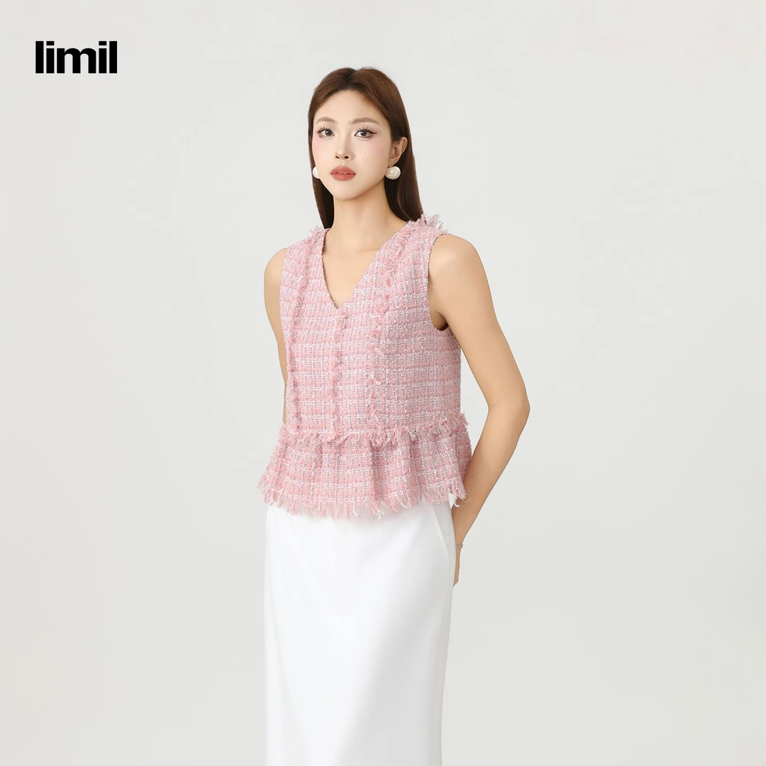 limil/丽米儿千金贵气名媛风新款高级优雅流苏粉色无袖背心930022