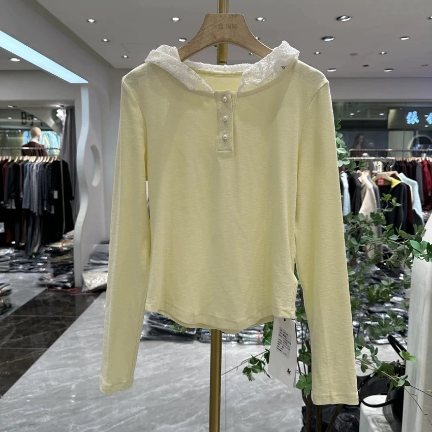 三姐家早春小清新蕾丝花边彩色连帽衫