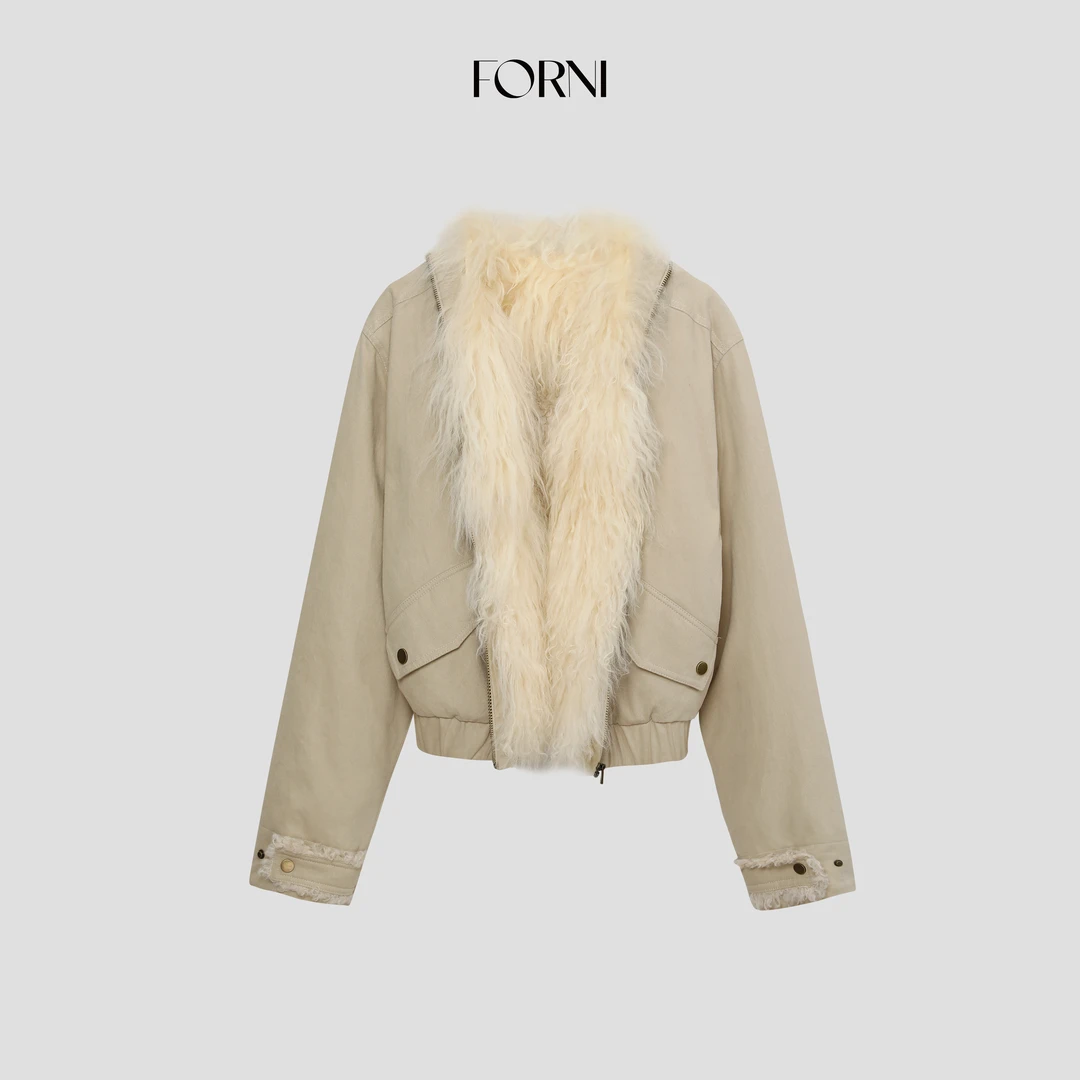 FORNI 北岛日记 100全棉蓬蓬滩羊大毛领派克服外套