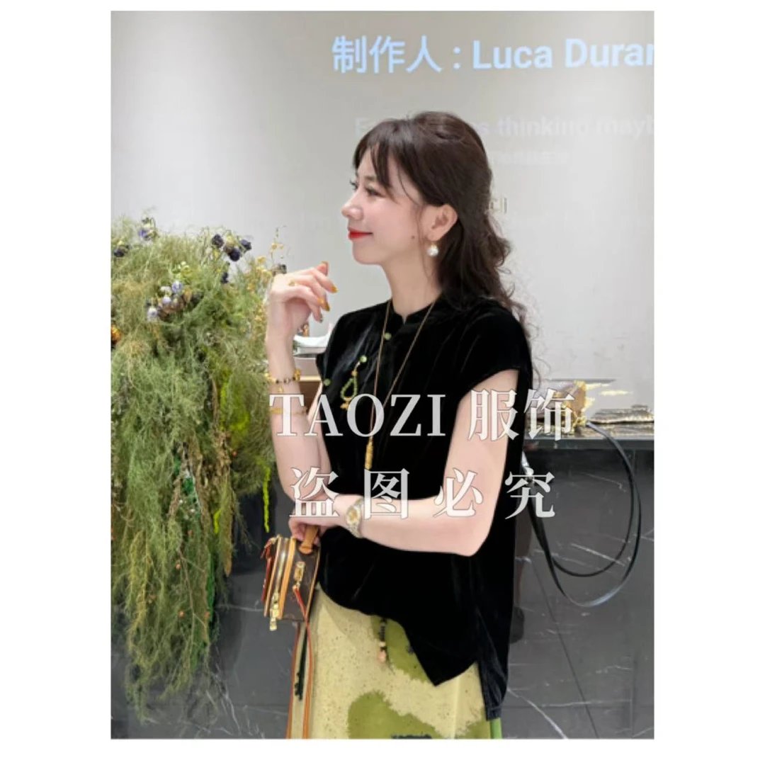 【桃子自制】05399 夏季新中式气质洋气丝绒短袖上衣