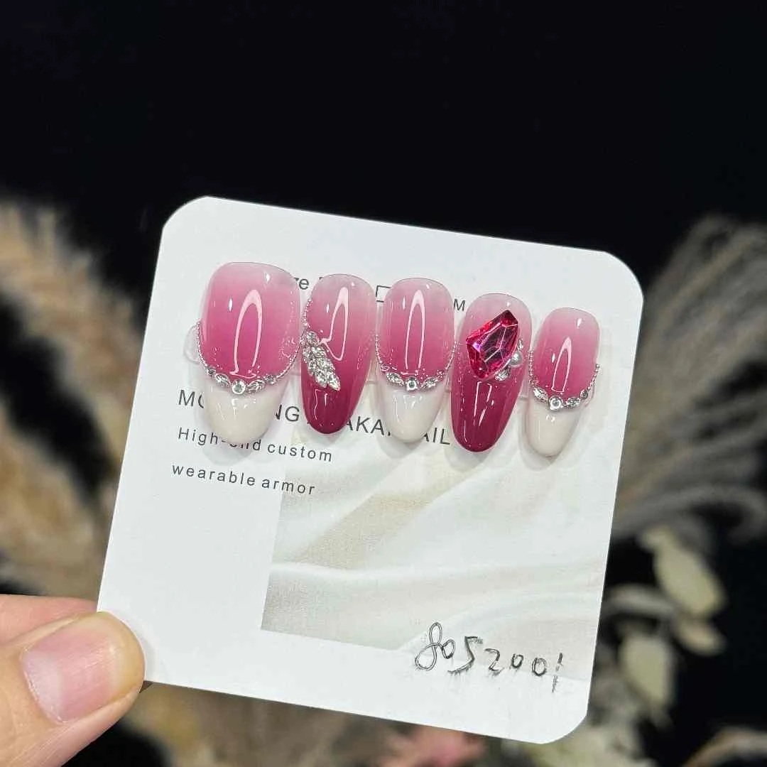 【梅雪争香】超显白玫红拼钻锆石麦穗光疗甲8052001 纯手工穿戴甲