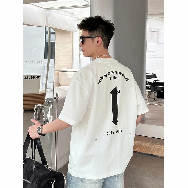 【时尚起易】夏季新款痞帅美式复古印花ins宽松圆领纯棉透气短袖男