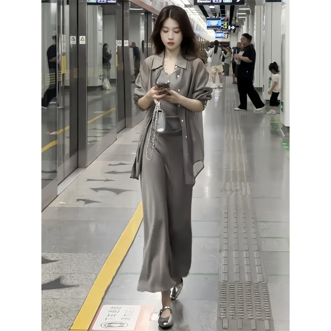 高级感时尚宽松气质防晒衬衫套装2025夏季新款吊带连衣裙两件套女