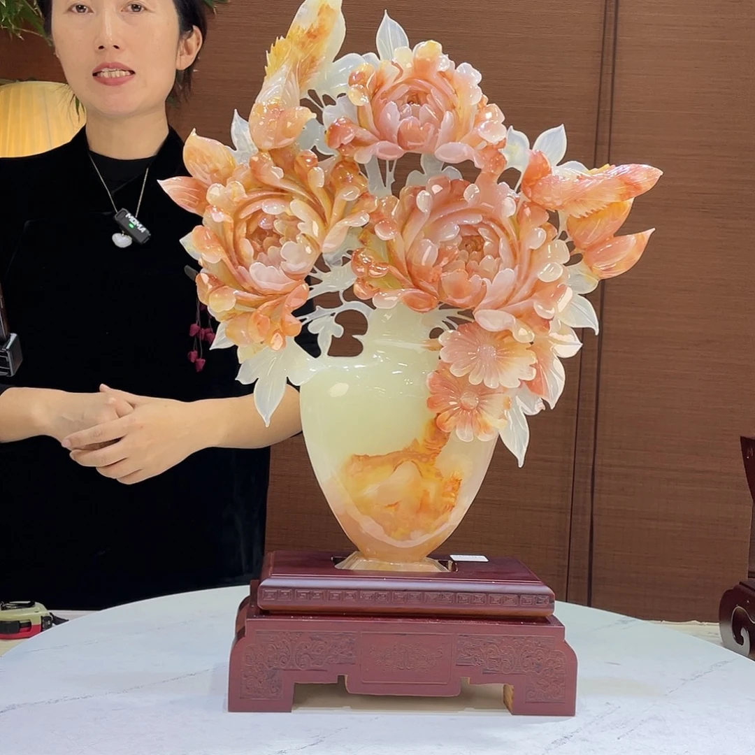 玉精品天然玉石牡丹花摆件