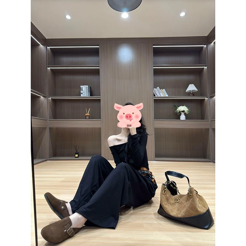 韩版百搭老钱风女装性感休闲纯欲斜肩长袖上衣宽松显瘦阔腿长裤潮