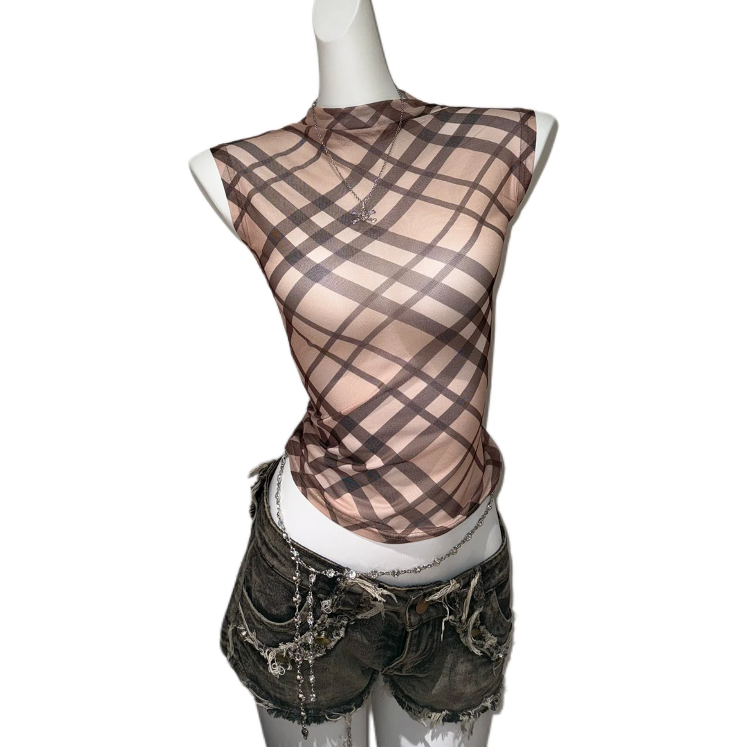 【市市推荐】古早千禧辣妹风经典复古格纹高领无袖微透上衣A6732