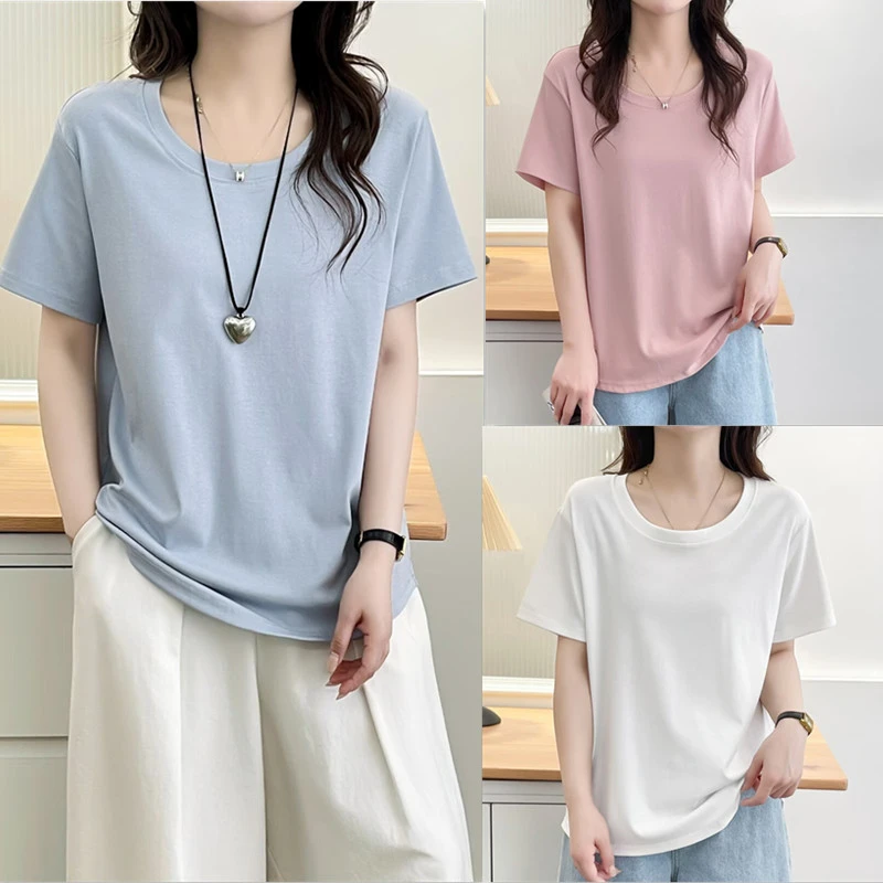 胖mm大码宽松遮肚显瘦极简软糯T恤正肩短袖夏季薄款圆领纯色上衣