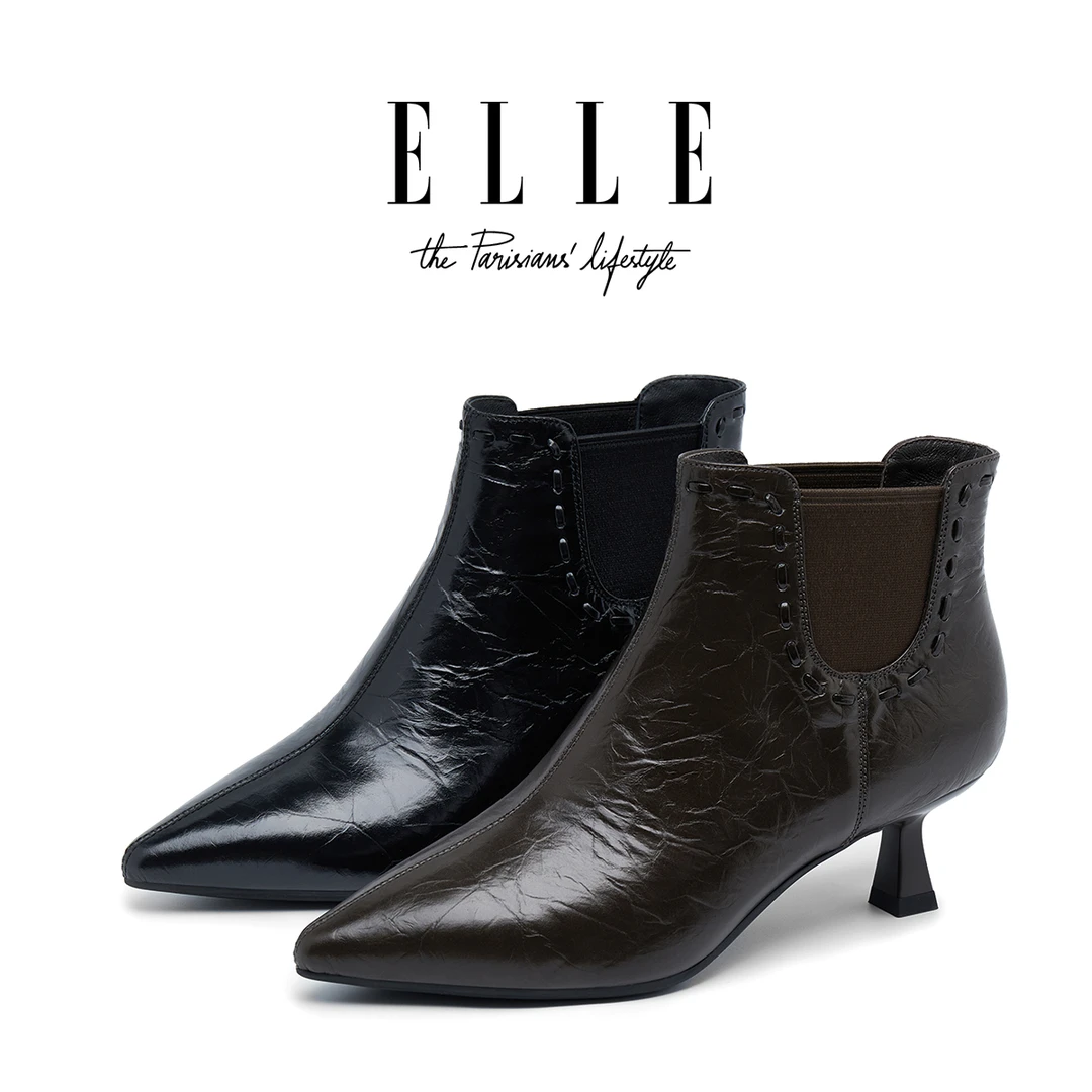 ELLE5公分猫跟短筒高跟鞋女2025新款复古全真皮尖头显瘦弹力短靴