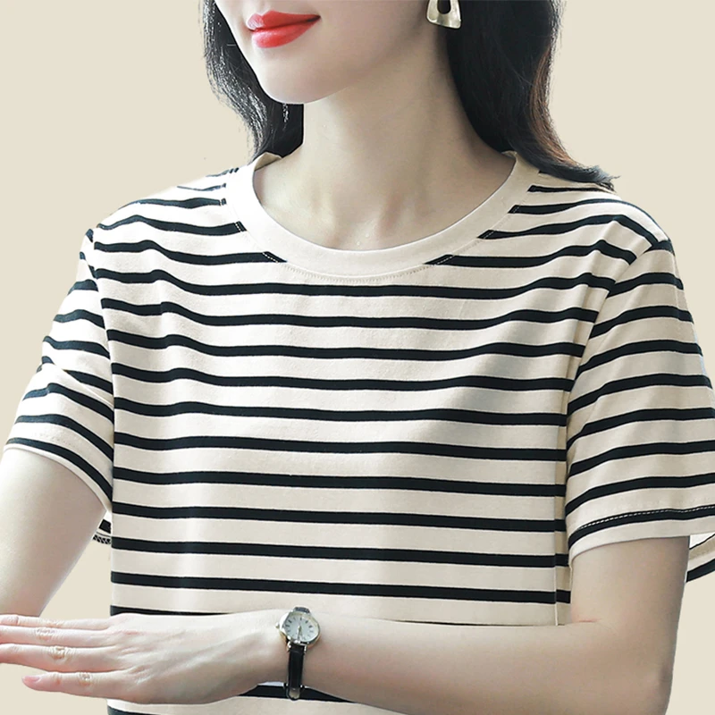 棉质短袖t恤女新款夏季大码条纹宽松上衣半袖体恤中年妈妈遮肚子