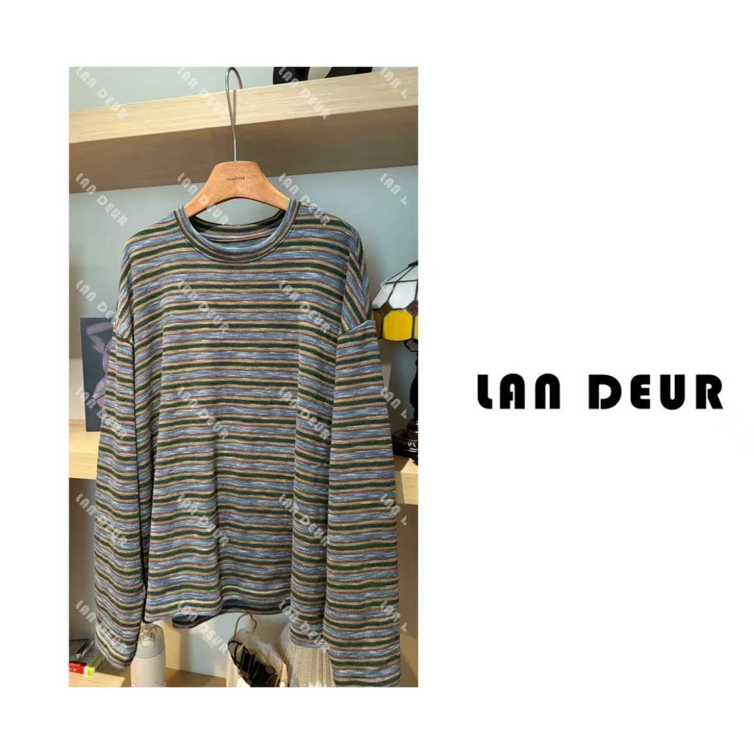 JIUJIU【彩色线条】圆领舒适彩色条纹长袖微弹中长款百搭T恤