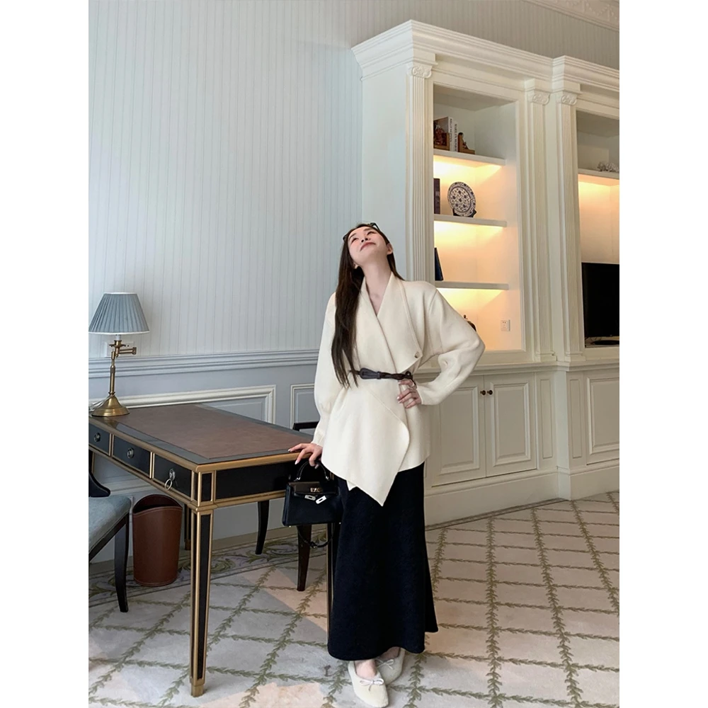 【大女主】完美廓形(送腰带)针织衫翻领外套女毛衣黑色半身裙22790#