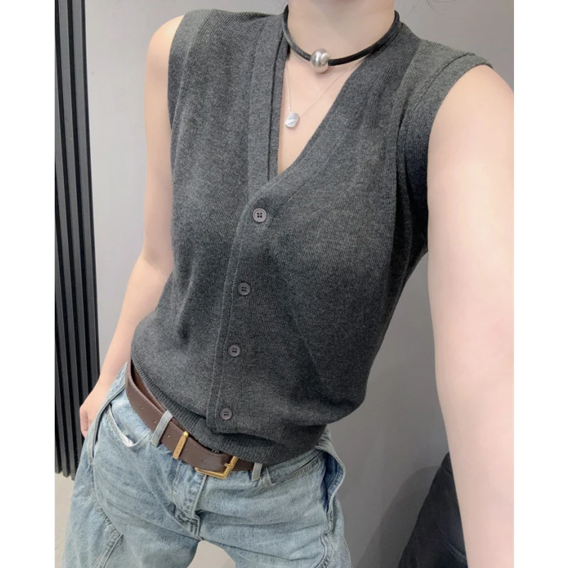 背心开衫女冰丝针织衫设计感洋气百搭时尚修身V领无袖上衣夏欧货