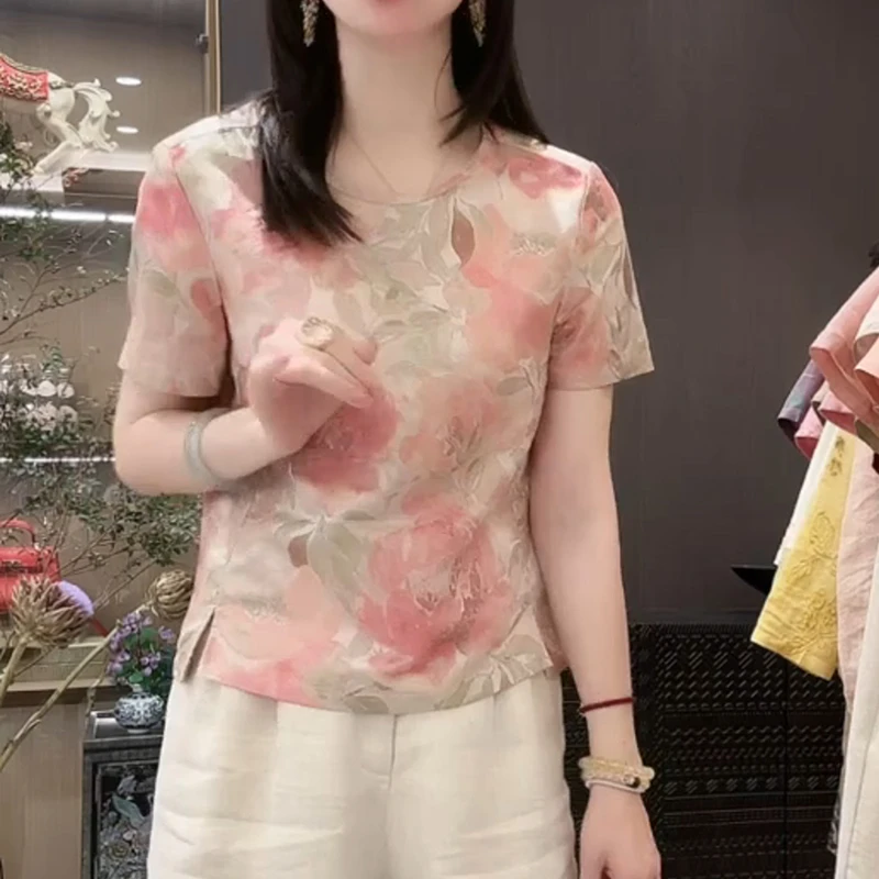 法式温柔风精致印花轻薄短袖衬衫女夏日新款洋气减龄显瘦圆领上衣