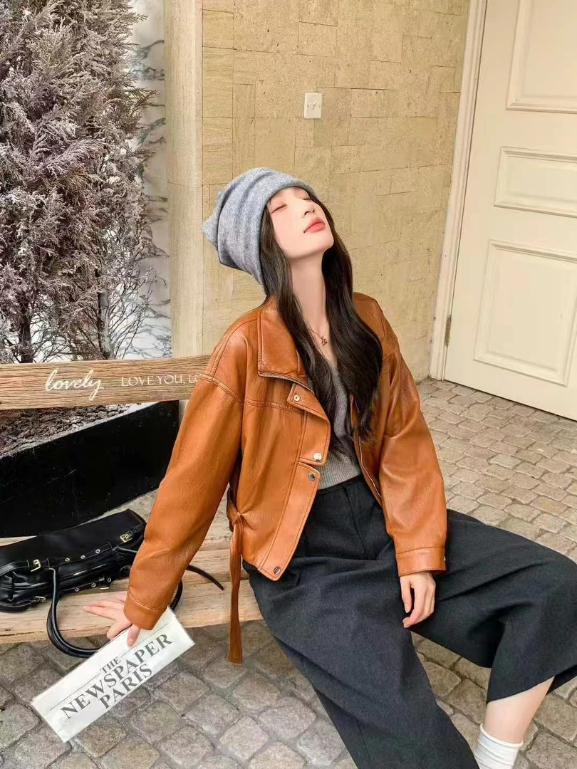 2025秋款法式立领薄款皮衣