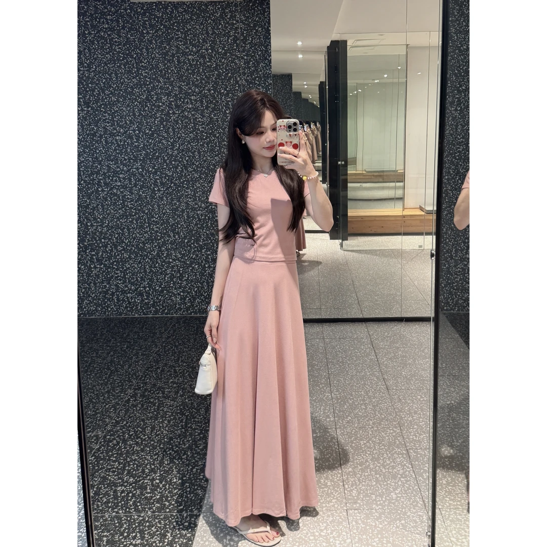 韩系穿搭粉色时尚套装夏季2025新款短袖T恤上衣女半身裙长款a字裙