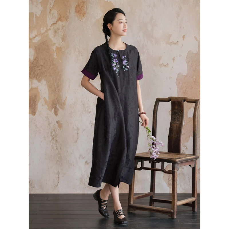 蘭襟【等风来】透孔罗香云纱手绣复古新中式连衣裙夏夏季宽松绣花