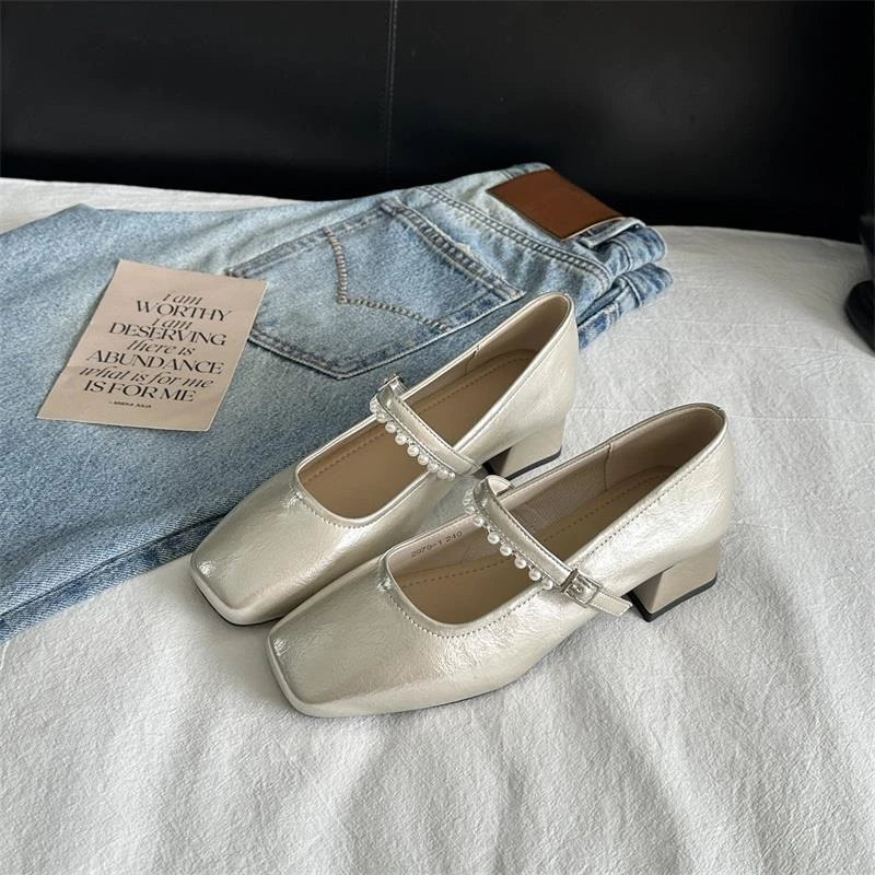 【FBZN官方正品】2025夏新款法式玛丽珍鞋女百搭舒适小皮鞋珍珠一