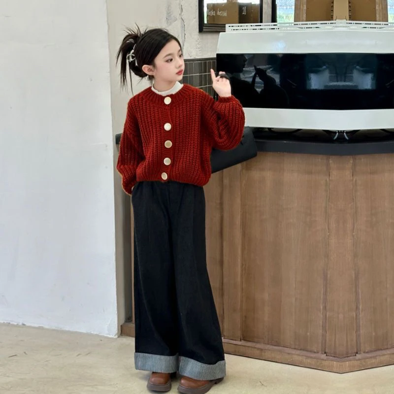 2024新款春秋冬女童加绒直筒裤牛仔裤休闲慵懒洋气百搭翻边牛仔裤