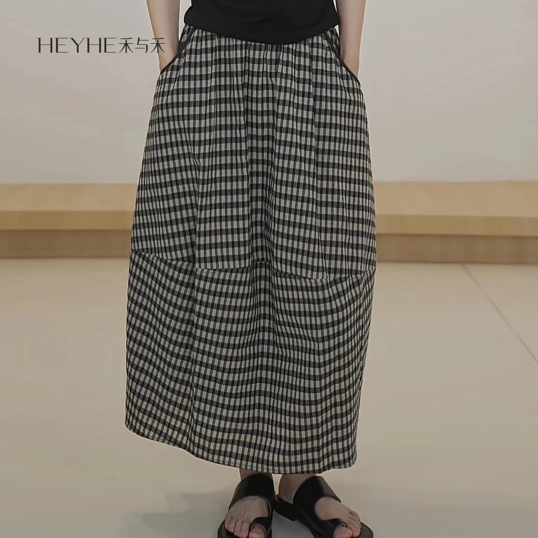 小禾【格调”复古格子松紧腰抽绳休闲格纹花苞裙25HM245