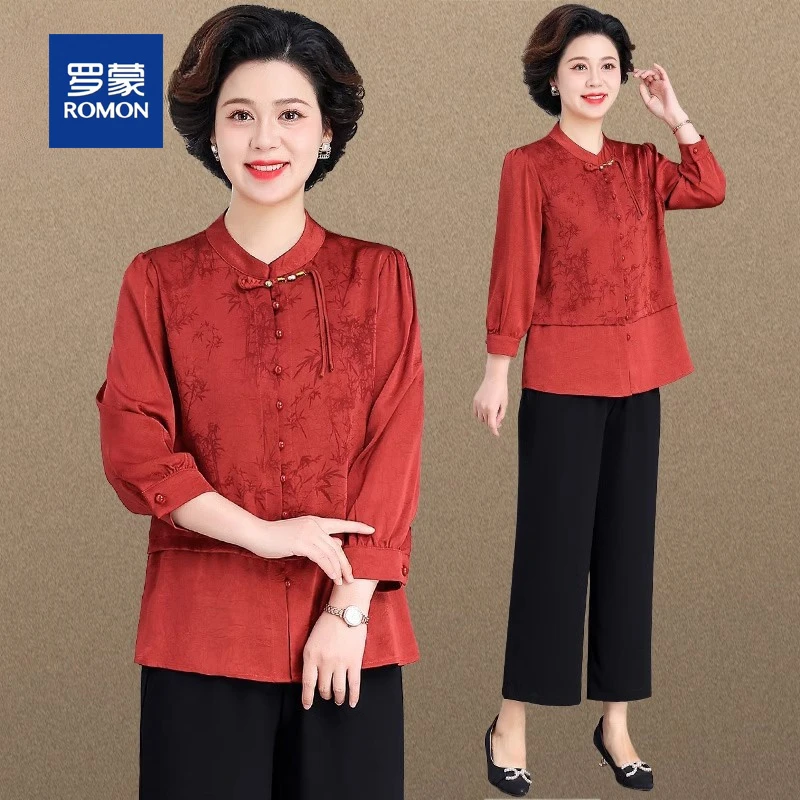 罗蒙中年妈妈新中式国风套装女中老年女士长袖红色洋气雪纺上衣服