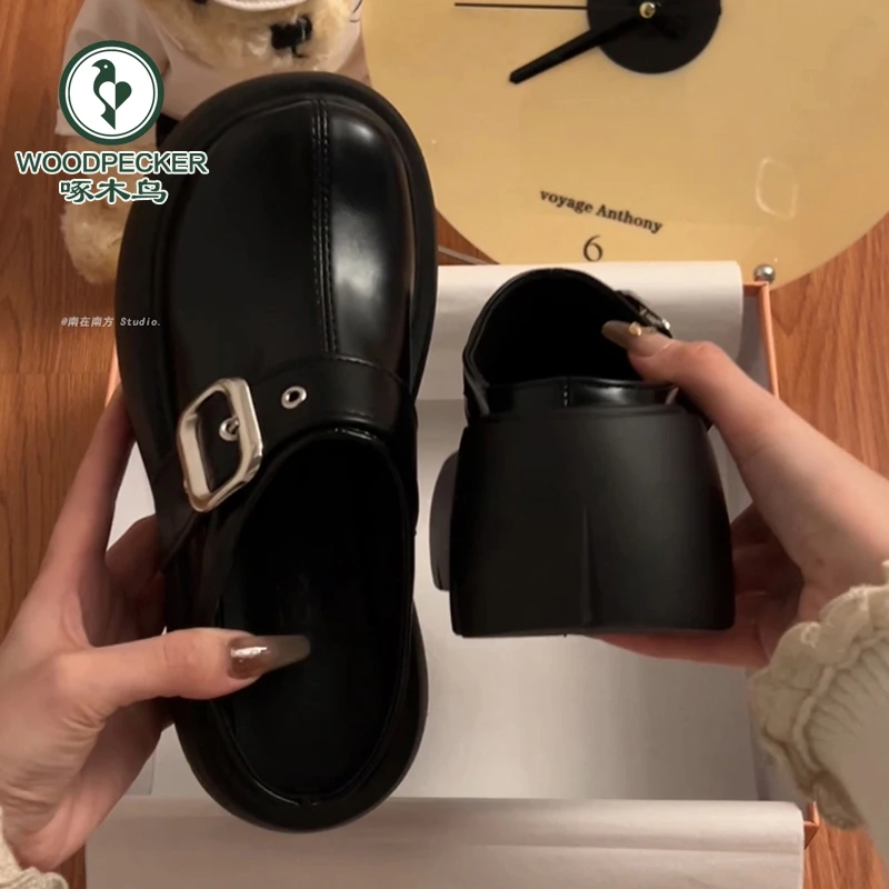 啄木鸟包头半拖鞋女外穿2025新款春夏季新款增高厚底乐福单鞋凉拖