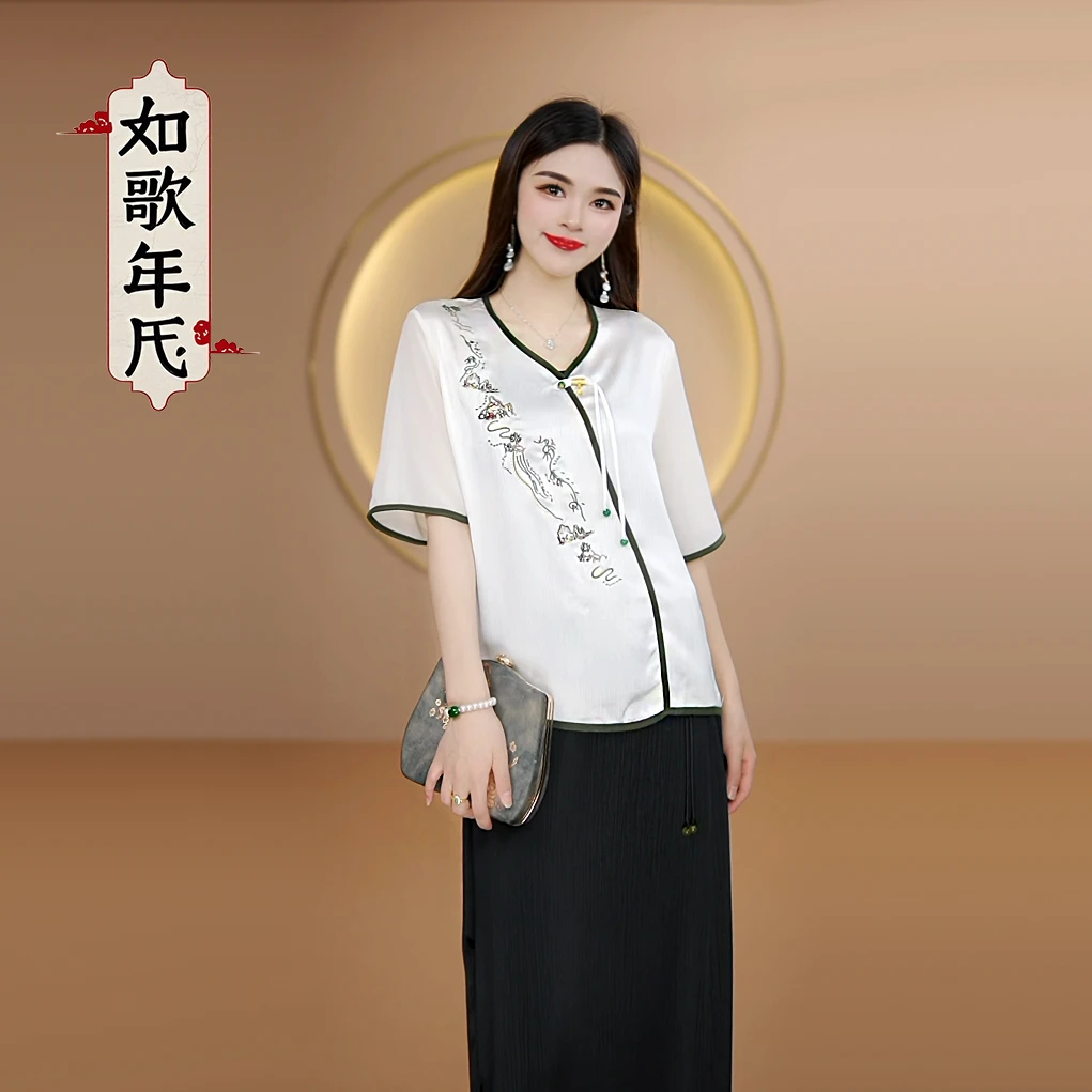 珍珠-如歌年代新国风复古刺绣缎面V领短袖小衫女士减龄薄款上衣女