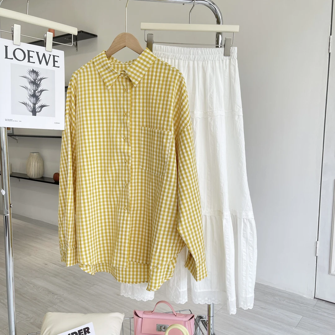芊芊大码韩系春秋新款显瘦遮肉时尚纯色格子衬衫宽松上衣【JQ8012】