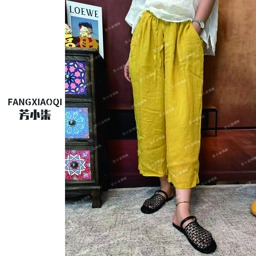 纯苎麻夏季阔腿直筒松紧腰新款2025时尚炸街八分裤