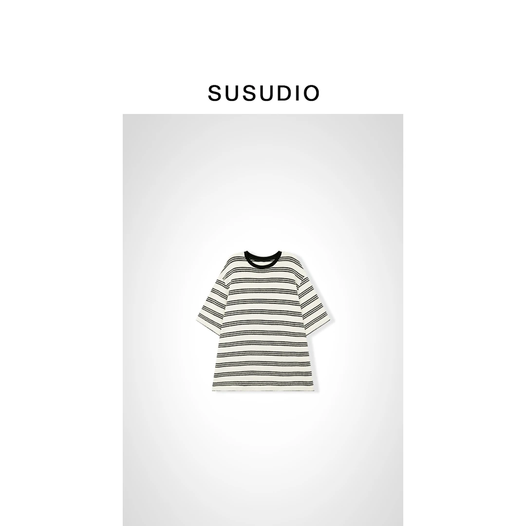 SUSUDIO限定款条纹中长款针织短袖T恤50058
