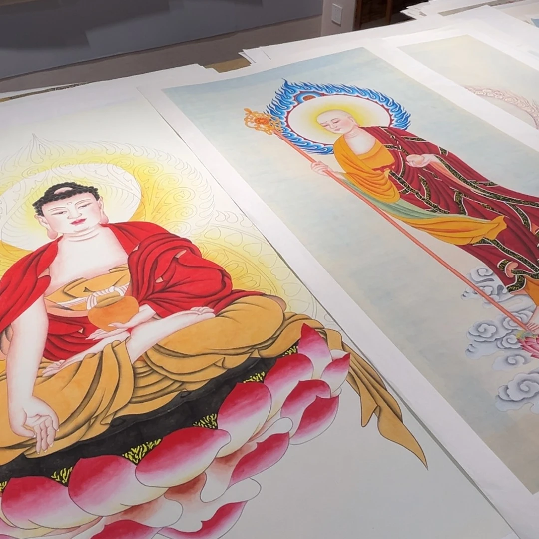 慧***玉国画药师佛加地藏王菩萨做手工轴
