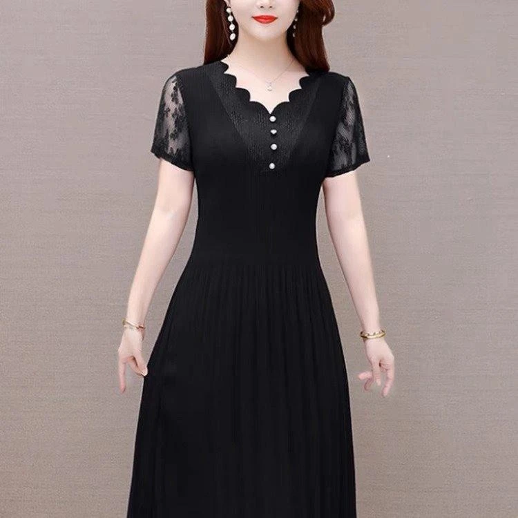 2025夏季新款时尚洋气V领短袖连衣裙修身显瘦气质百搭中长款裙子