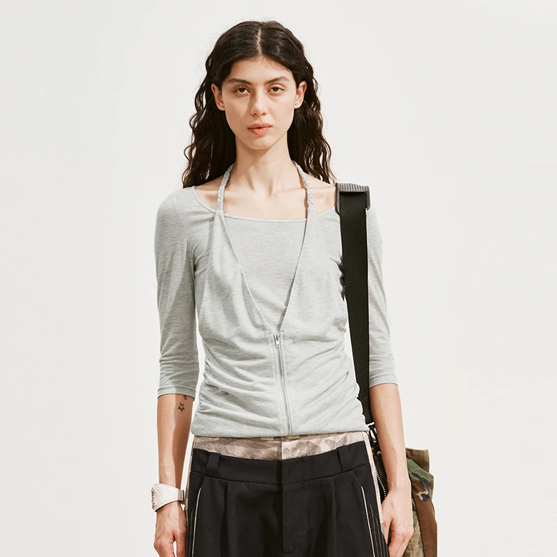 【MEDIUM WELL】noundnound休闲中袖挂脖假两件套头衫女25春夏新款