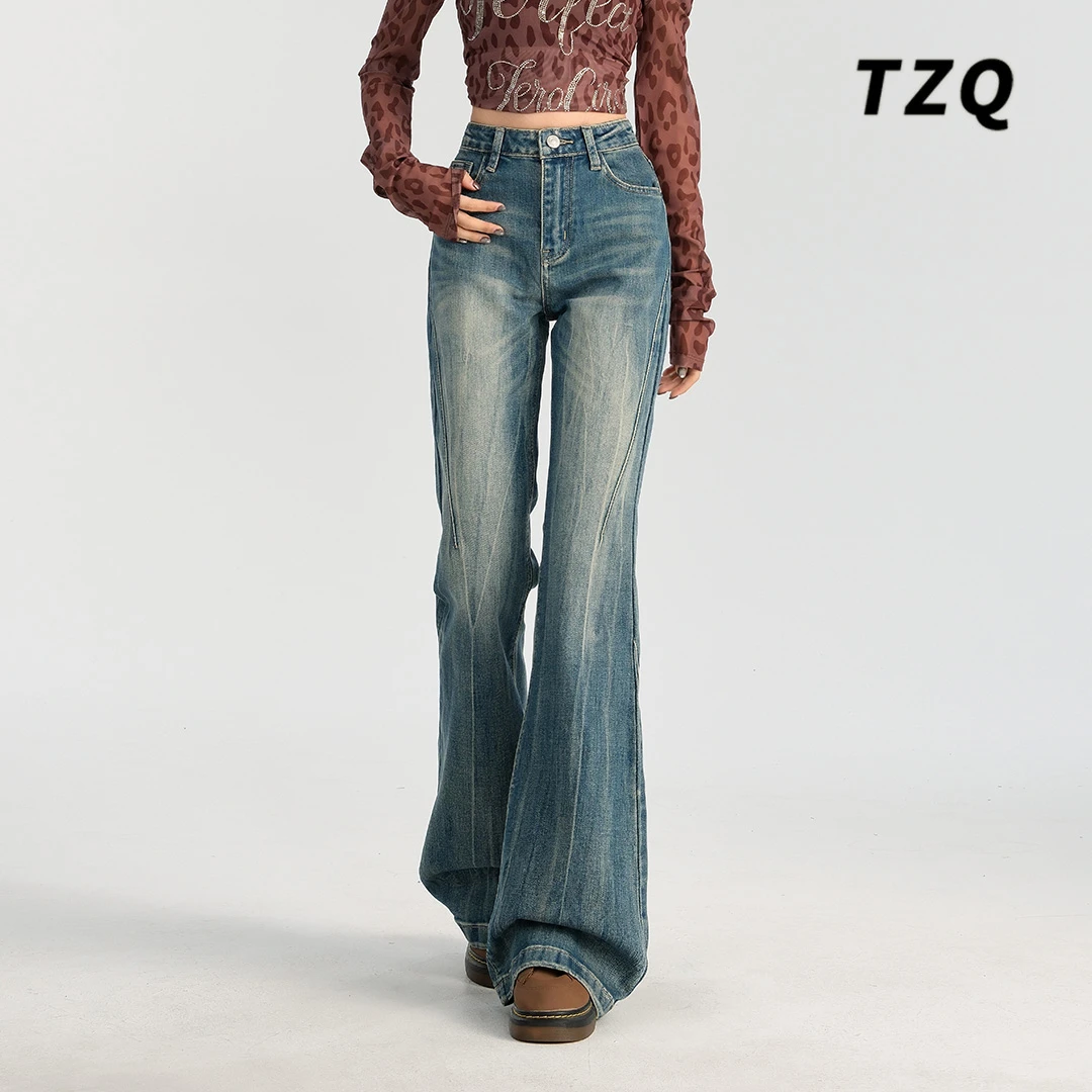 高腰辣妹微喇牛仔裤女秋季弹力猫须设计感修身百搭拖地马蹄喇叭裤