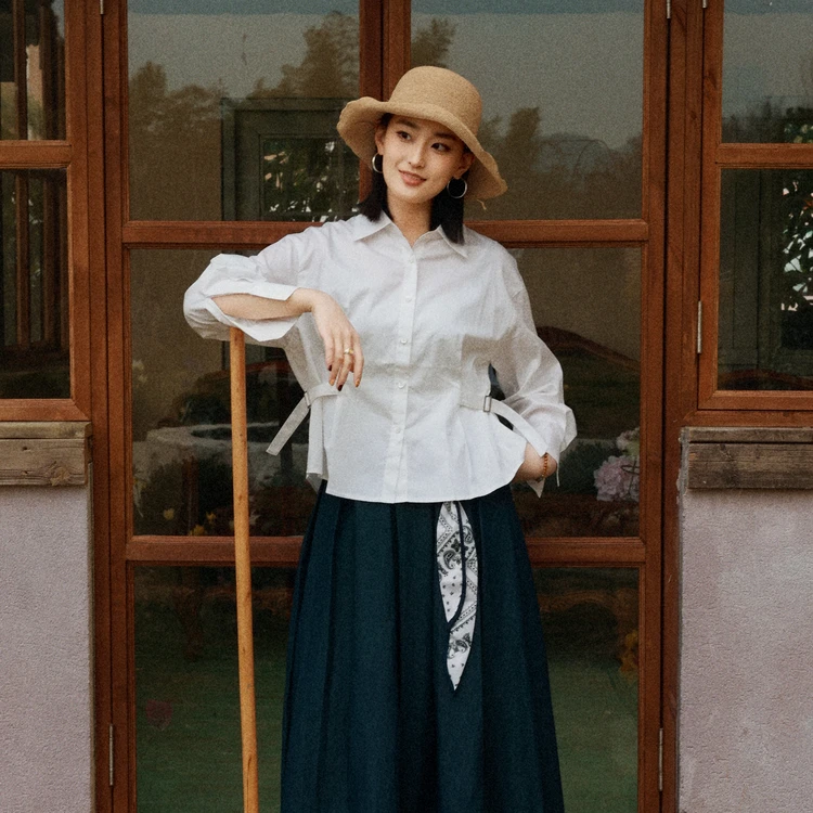 西町村屋收腰设计长袖衬衣女春季新款休闲文艺百搭衬衫XXAA10206