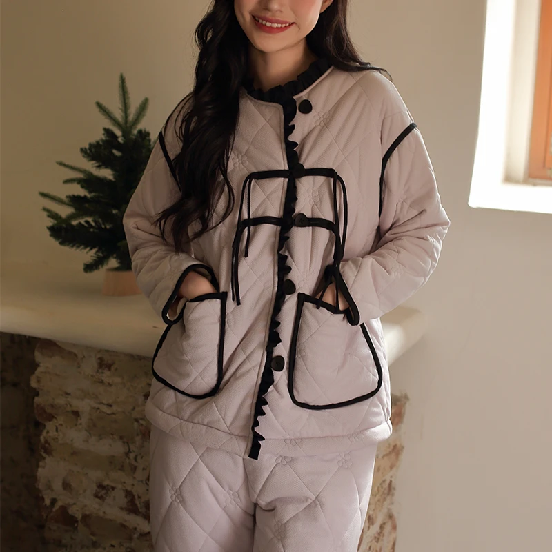 【木槿】三层夹棉睡衣保暖棉服系扣家居服套装中式气质套装冬24379